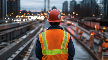 Standing amid concrete beams and metal frameworks, a construction worker monitors progress on a bustling highway site, showcasing the focus, diligence, and teamwork that drive thes
