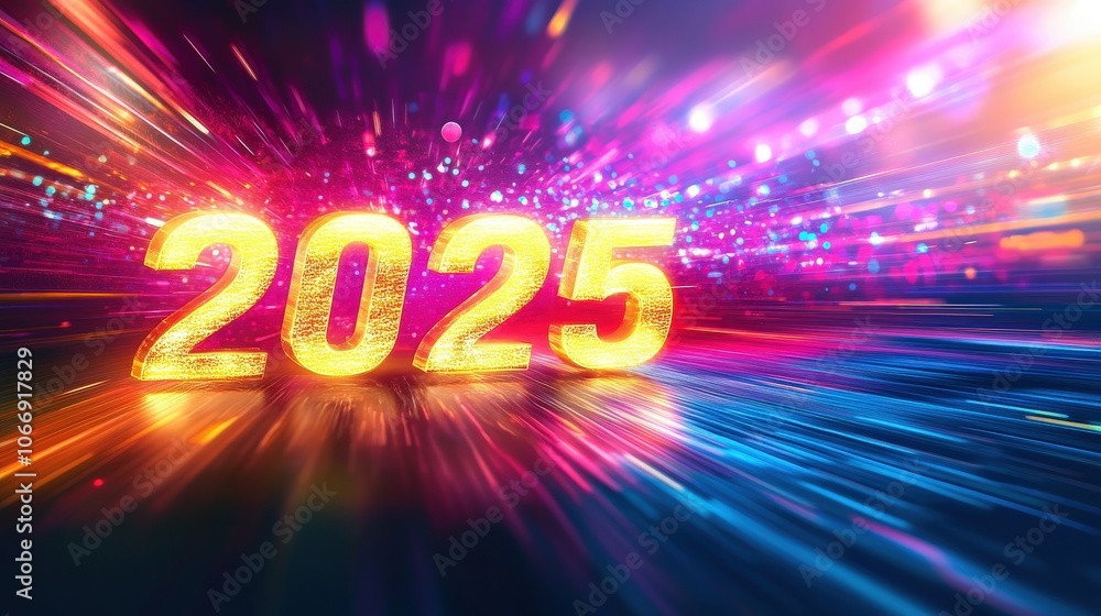 Poster the digits 2025 glow brightly, set against a dynamic and colorful backdrop. light streaks create an 