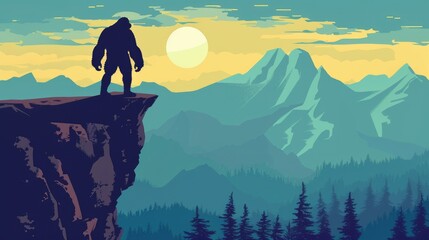 bigfoot stand on cliff in nature landscape illustration