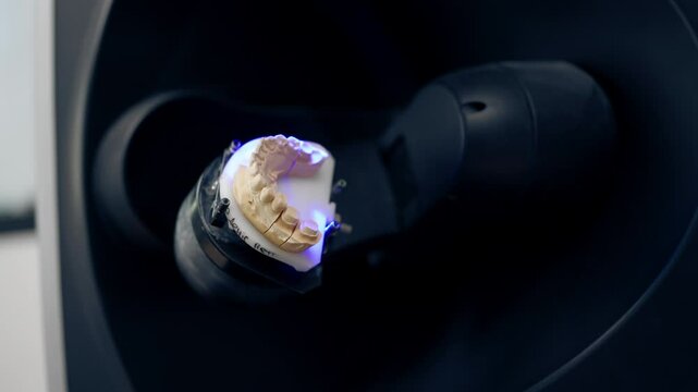 close up professional laboratory for the production of dental protozoa veneers and crowns in a scanning machine dental impression to create a 3D model 360 degree rotation
