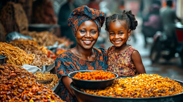Happy African mother and daughter at vibrant outdoor market, celebrating culture and tradition with local spices. Family bonding, community, and heritage in colorful setting for cultural pride