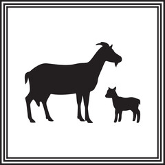 A goat and her baby standing next to each other silhouette.