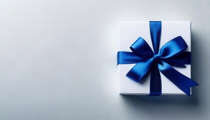 white gift box with blue ribbon and bow on light background top view. Generated image