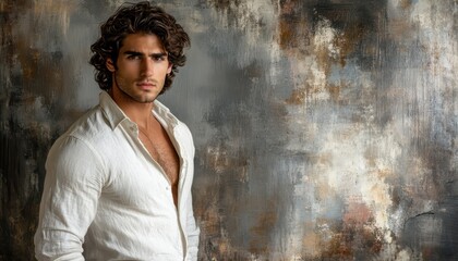 Obraz premium A young man in a white shirt posing confidently against a textured gray background