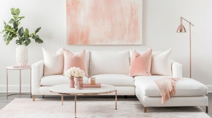 White Sectional Sofa with Pink Pillows and a Rose Gold Coffee Table