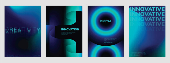 Futuristic digital innovation posters. Futuristic poster template set with abstract blue and green gradient background design. Set of Futuristic poster templates, blue and neon green design