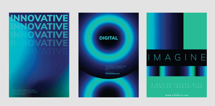 Futuristic digital innovation posters. Digital poster template set with abstract blue and green gradient background design. Set of digital innovation poster templates, blue and neon green design