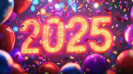 Vibrant neon numbers shine as the year 2025 is celebrated, surrounded by a joyful mix of balloons and scattered confetti, creating an energetic ambiance