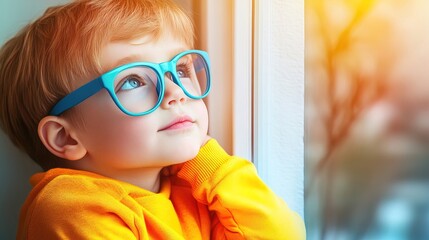 Young Child with Blue Glasses Focusing on a Distant Tree Outside the Window, Symbolizing Myopia Prevention and the Importance of Outdoor Activities