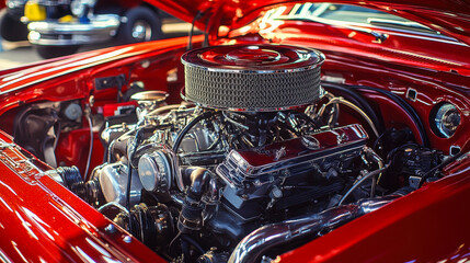 Fototapeta premium Red Classic Muscle Car Engine with V8 Chromed Air Intake in Detailed View