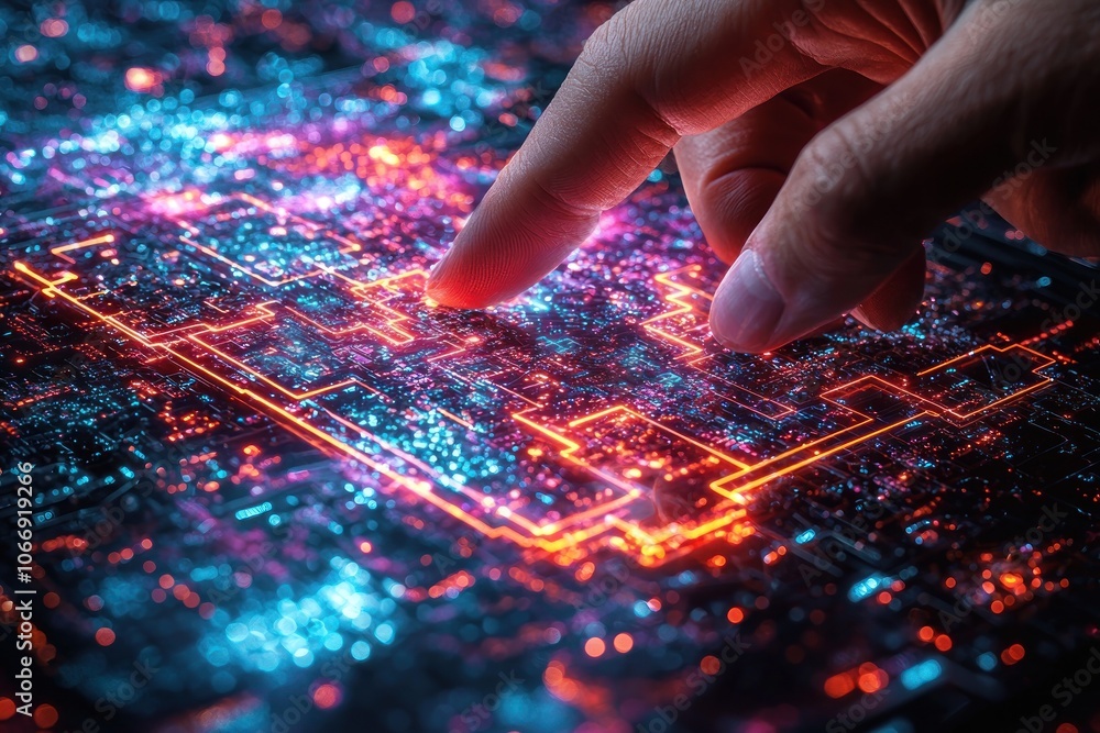 Poster a hand interacting with a futuristic circuit board