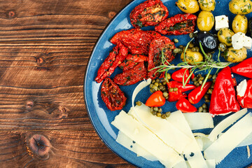 Greek antipasti snacks set.