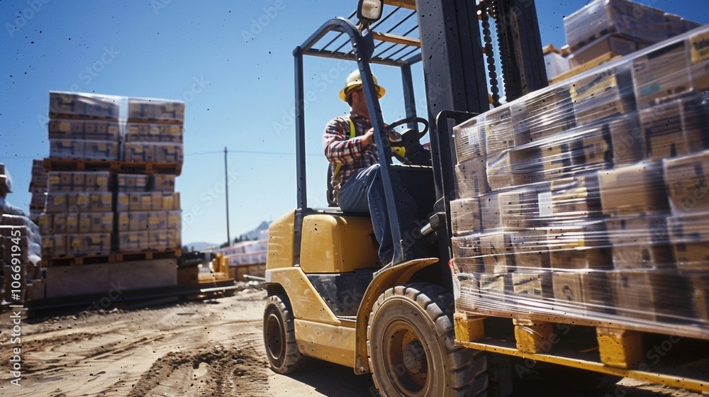 Poster a worker operating a forklift moving pallets of building materials to different areas of the site.