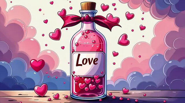 Romantic animation of love potion bottle emitting floating hearts in dreamy background