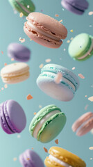 Floating Pastel Macarons on Light Blue Background