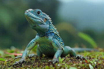 Obraz premium A Vibrant Blue and Green Lizard Perched on Moss