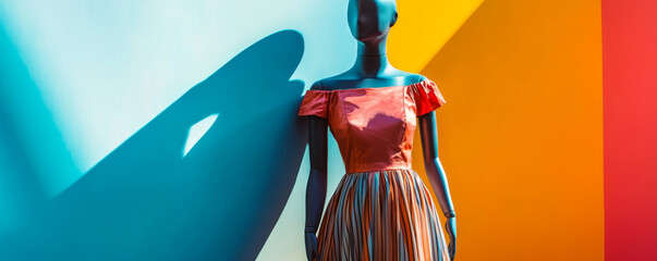 Floral Patterned Dress on Mannequin Against Bold Geometric Wall