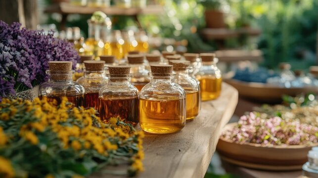 Rustic spa essentials with aromatic oils and dried flowers in sunlit garden setting - spa concept