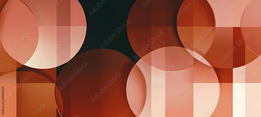 Poster a vibrant abstract composition featuring overlapping circles and squares in warm tones of orange and