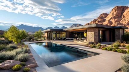 Fototapeta premium Modern desert house with pool surrounded by natural landscape and mountains.
