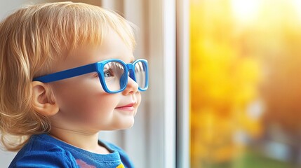Young Child with Blue Glasses Focusing on a Distant Tree Outside the Window, Symbolizing Myopia Prevention and the Importance of Outdoor Activities