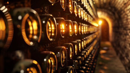 Rows of Wine Bottles in a Warmly Lit Cellar