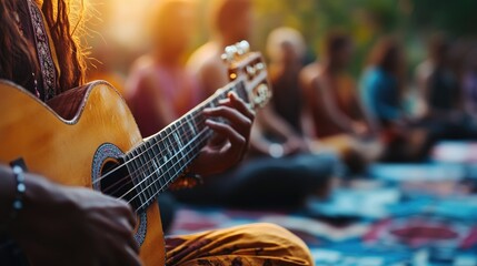 Close-up of guitarist playing at outdoor yoga and meditation retreat at sunset, relaxing music and wellness concept