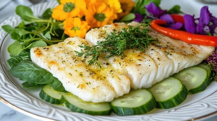 Fresh White Fish with Colorful Vegetables and Herbs