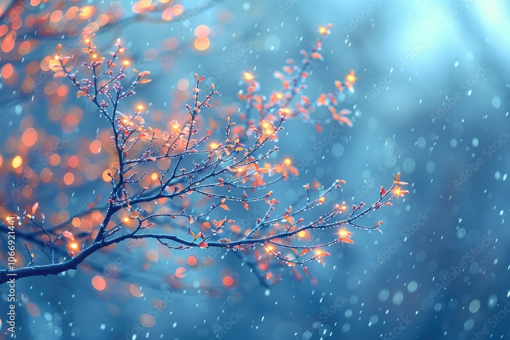 Poster a single branch of a tree adorned with twinkling lights in the falling snow