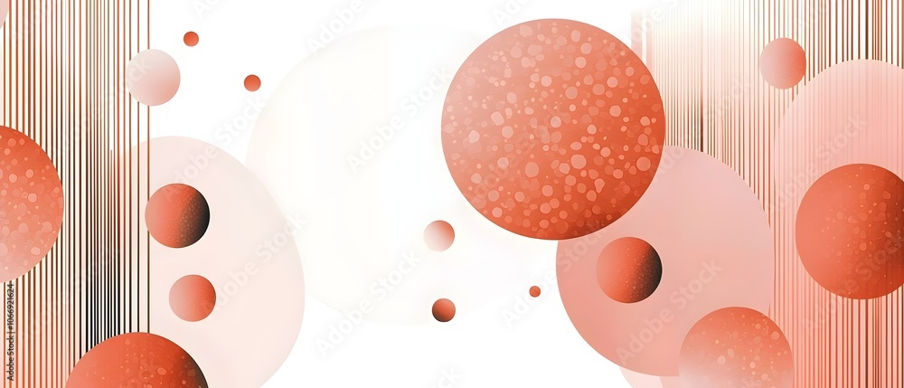 Poster abstract design featuring varying sizes of red and pink circles against a white background, creating