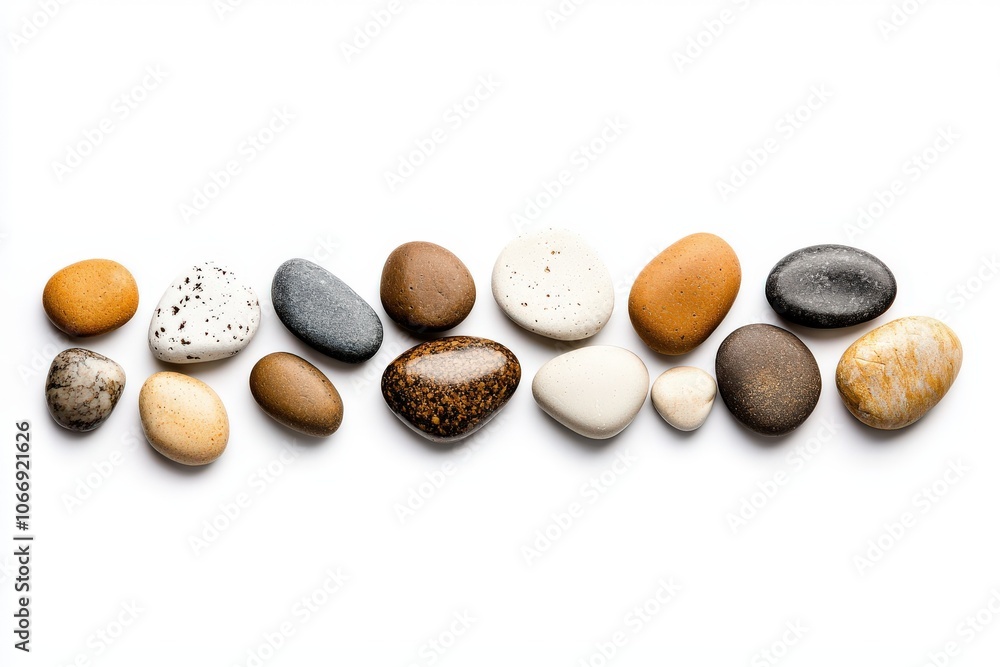 Poster a collection of assorted smooth pebbles on a white background, showcasing their unique colors and te