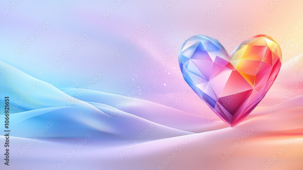 Poster a captivating colorful heart background with geometric shapes and vibrant hues, ideal for adding a m