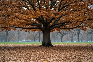 A Single Oak Tree with Autumn Leaves in a Field