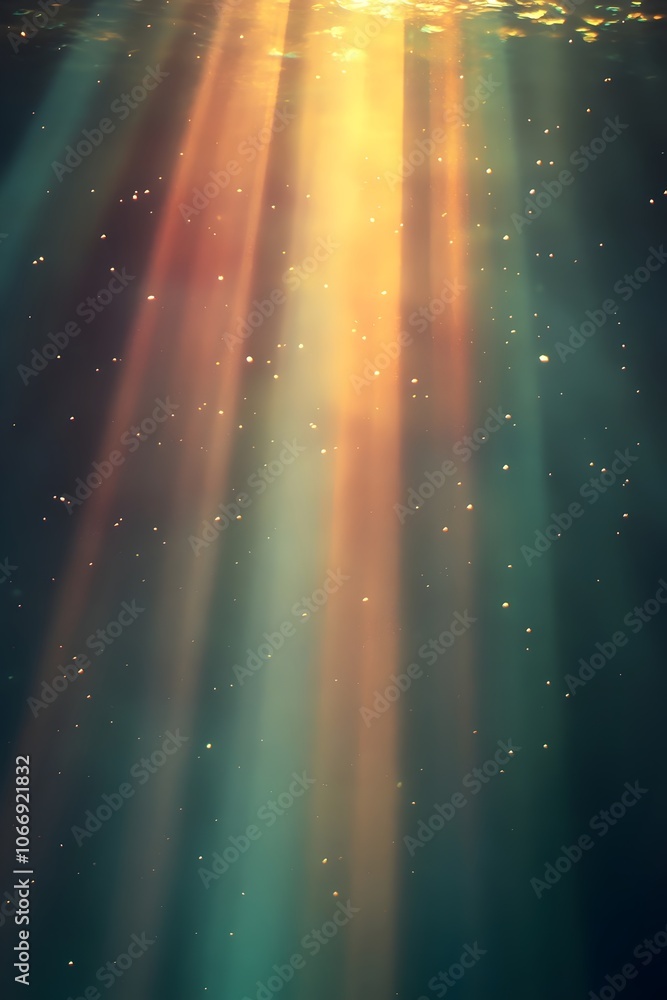 Poster breathtaking underwater scene with golden rays of light penetrating the surface, creating a tranquil