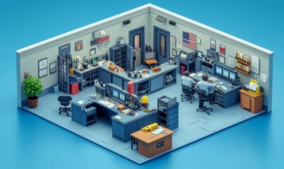 Isometric police station with desks, officers, and holding cells, representing law enforcement, 3D illustration