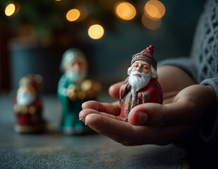 a person holding a miniature of three kings figurine on palm hands on a blurred bokeh background