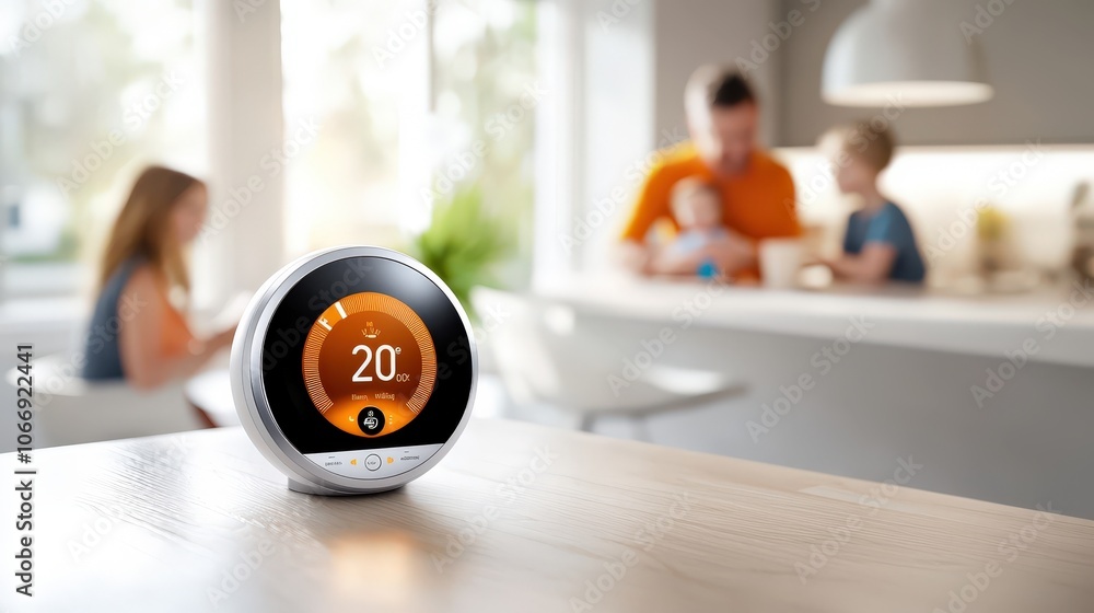 Aufkleber a family interacting with a smart thermostat, highlighting its user-friendly interface and how it en