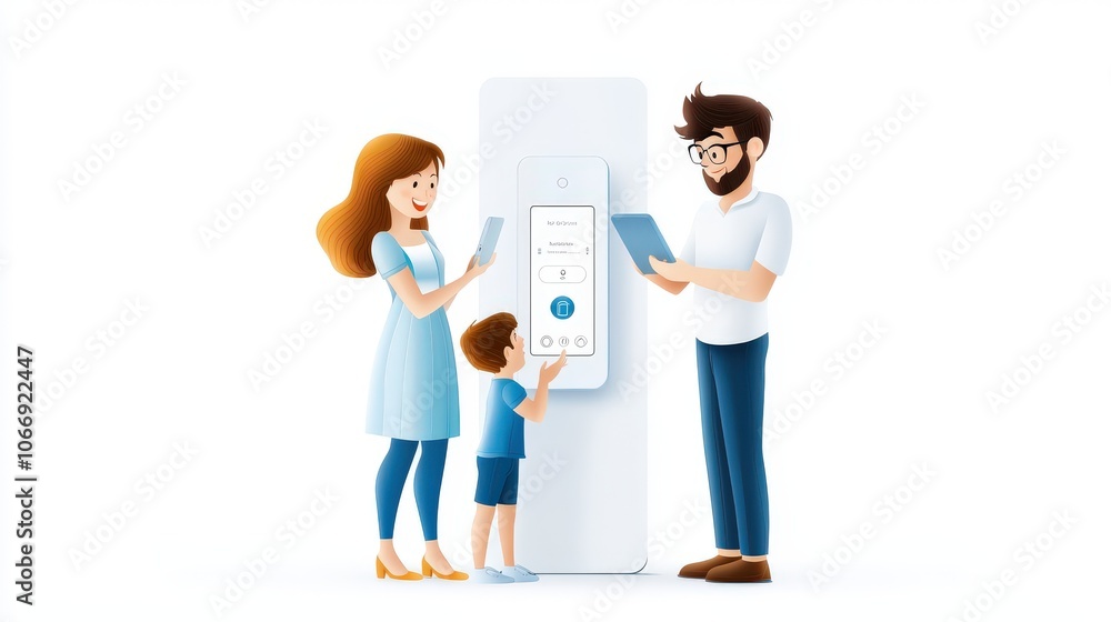 Aufkleber a family interacting with a smart thermostat, highlighting its user-friendly interface and how it en
