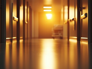 Fototapeta premium A hospital corridor illuminated by warm sunset light, creating a serene and reflective atmosphere.