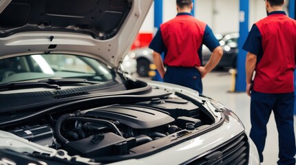 Mechanics inspecting engine in automotive repair shop, wearing red and blue uniforms