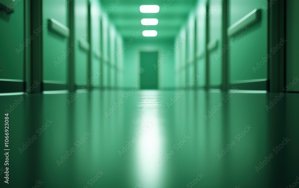 Poster a sleek green corridor with glowing lights and smooth floors, creating a modern and calming environm