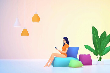 illustration of relaxed woman scrolling on phone surrounded by decorative pillows