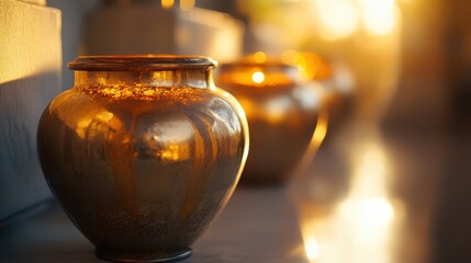In a tranquil room bathed in soft light, several urns containing ashes are thoughtfully placed, evoking a sense of remembrance and reflection