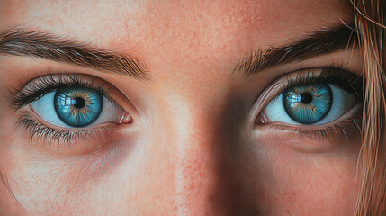 Naklejka premium Detailed close-up of human blue eyes, showcasing vivid colors and textures, with visible eyelashes and natural lighting