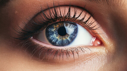 Fototapeta premium Eye of a young woman with an intense blue iris. The pupil is slightly dilated