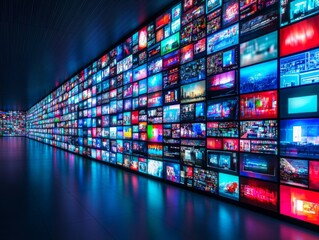 multimedia content,  screen displaying different media content. social media, video marketing concept.
