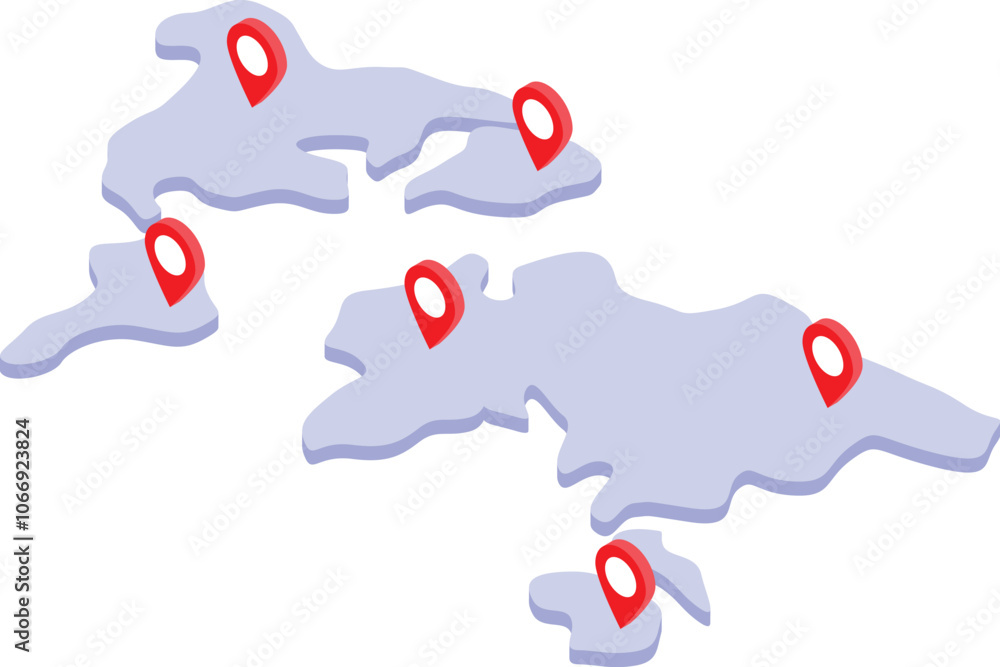 Poster isometric projection of world map highlighting global destinations with location pins