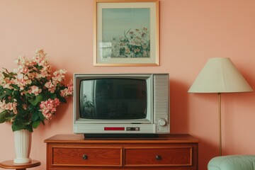 Retro living room setup with a vintage TV, floral decor, and warm pastel walls.