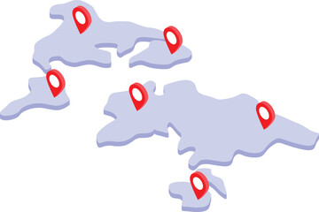 Isometric projection of world map highlighting global destinations with location pins