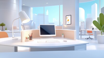 Obraz premium A dynamic view of an office cubicle area bustling with activity, ideal for themes related to teamwork, office life, and the hustle of modern business environments.